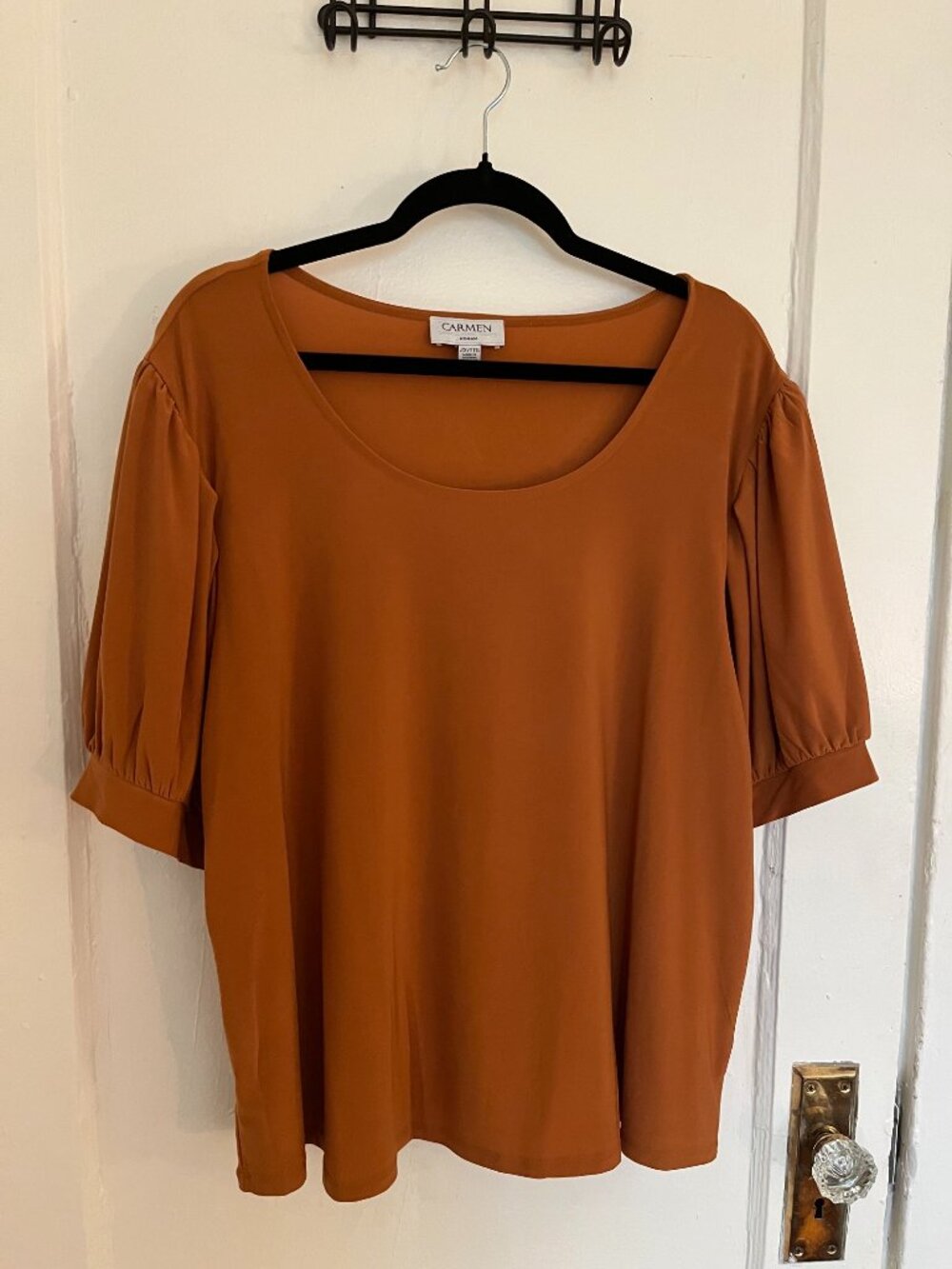 Burnt orange blouse with scoop neck and puffed sleeves